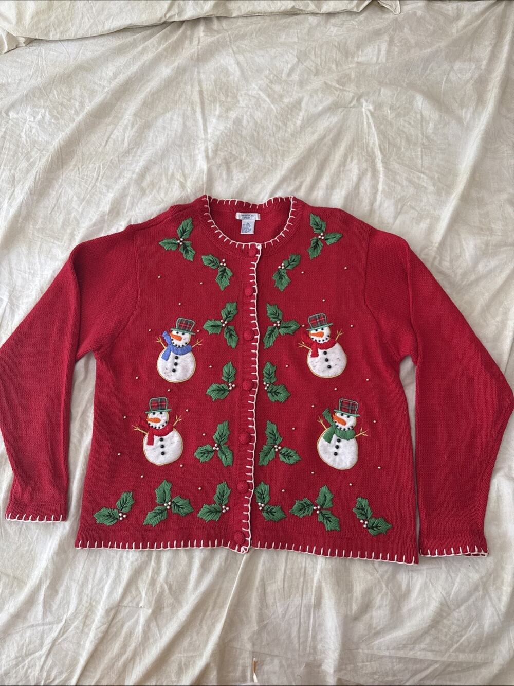 VintageShip’ Shore Women’s Sweater Snowmen Christmas Embroidered Size M
